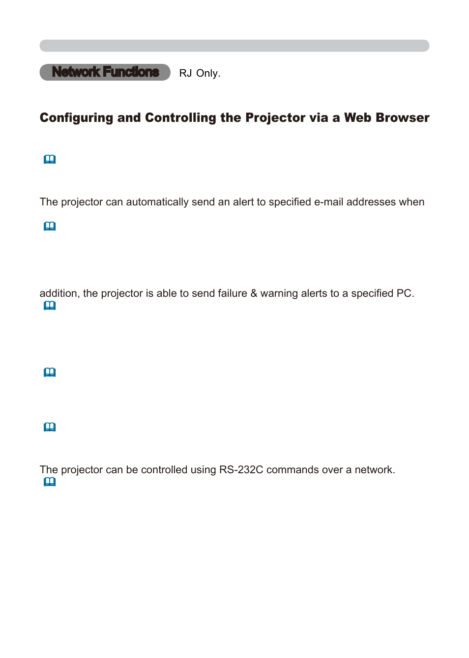 Failure & warning alerts via e-mail, Projector management via snmp, Controlling the projector via scheduling | Still image transfer, Projector control via rs-232c via the network | Dukane 8755E-RJ User Manual | Page 88 / 126