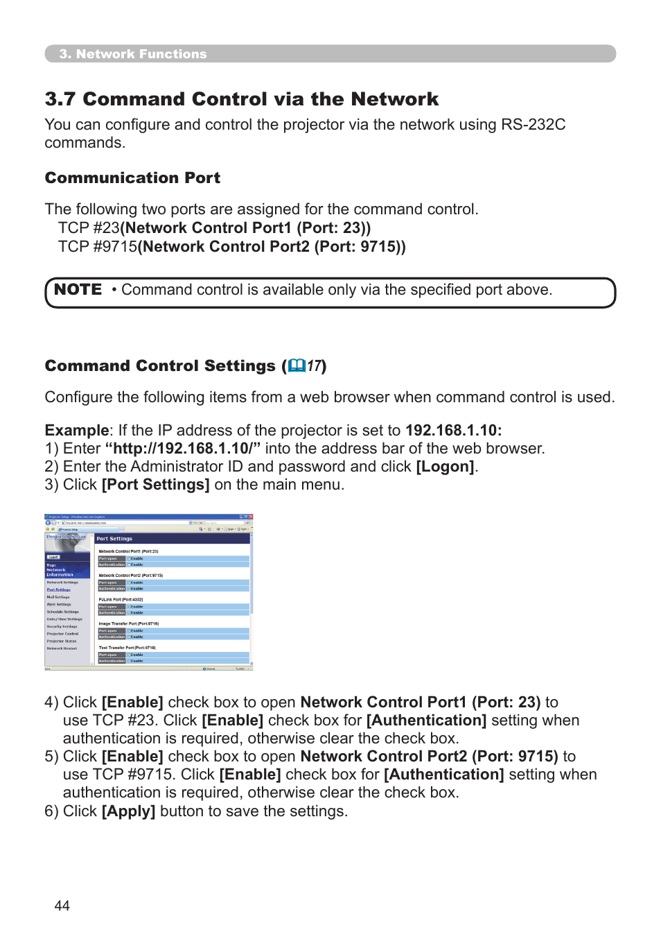 7 command control via the network | Dukane Projector 8111H User Manual | Page 44 / 53