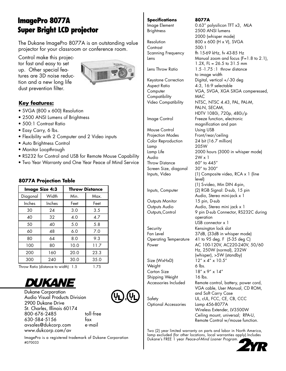 Imagepro 8077a super bright lcd projector | Dukane ImagePro 8077A User Manual | Page 2 / 2