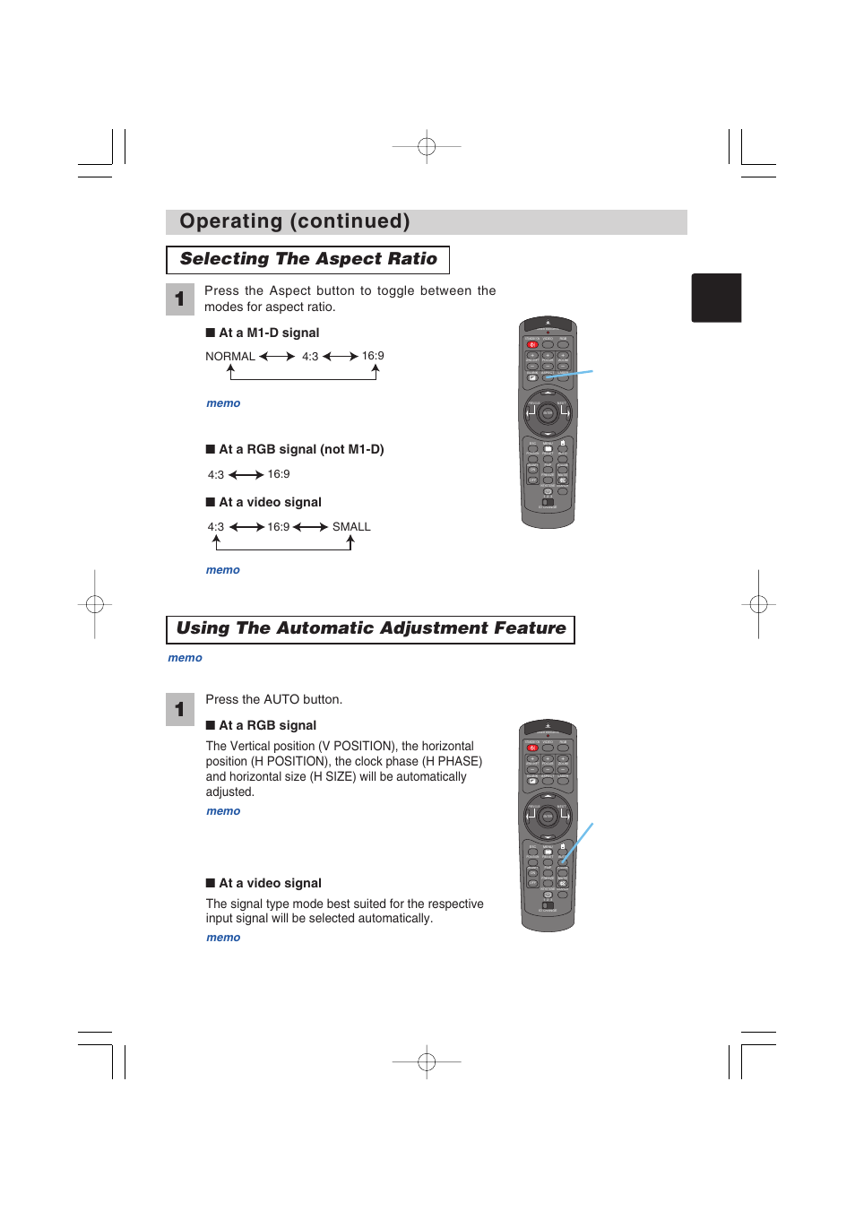 Operating (continued), Selecting the aspect ratio, Using the automatic adjustment feature | Press the auto button | Dukane 8935 User Manual | Page 19 / 62