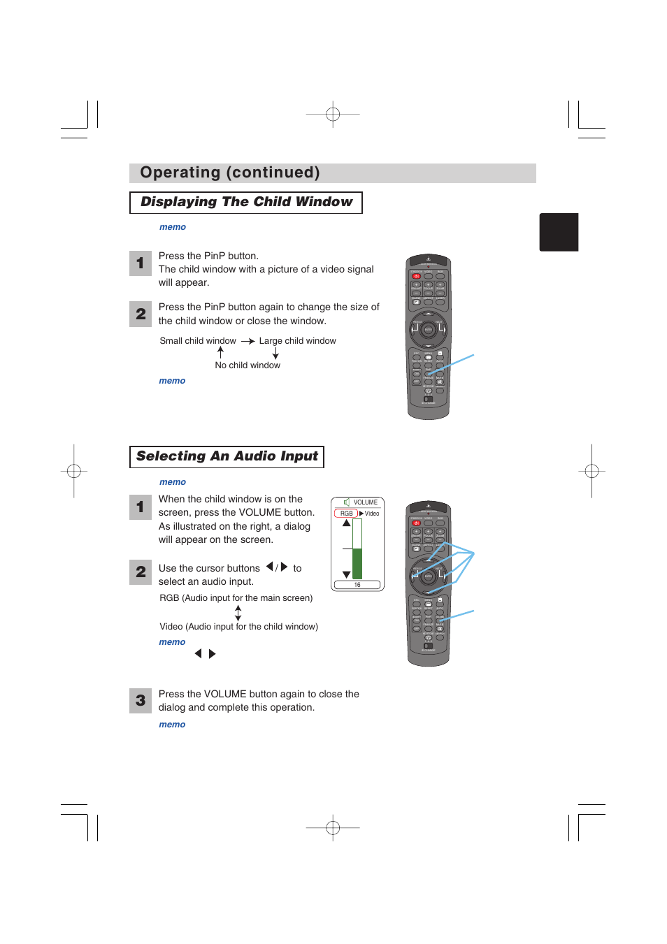 Operating (continued), Displaying the child window, Selecting an audio input | Dukane 8935 User Manual | Page 23 / 62