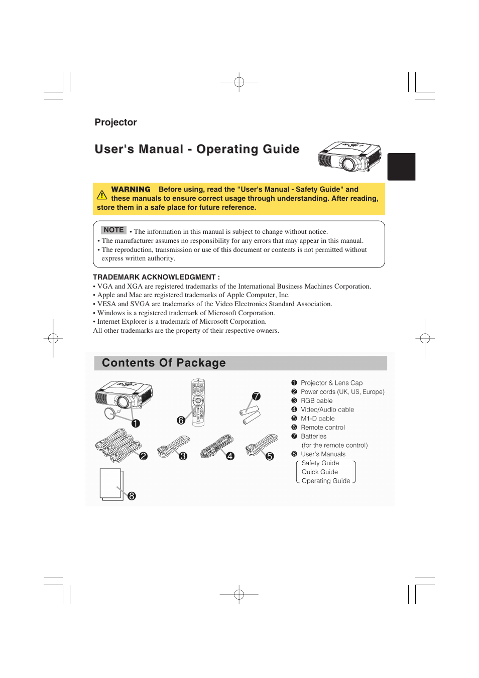 User's manual - operating guide, Projector | Dukane 8935 User Manual | Page 3 / 62