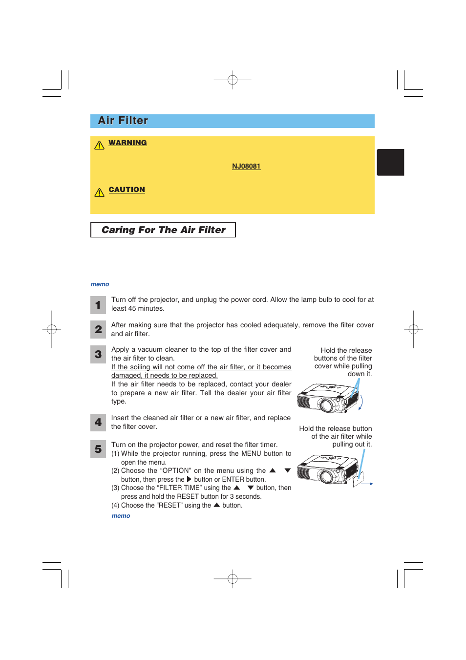 Air filter, Caring for the air filter | Dukane 8935 User Manual | Page 41 / 62