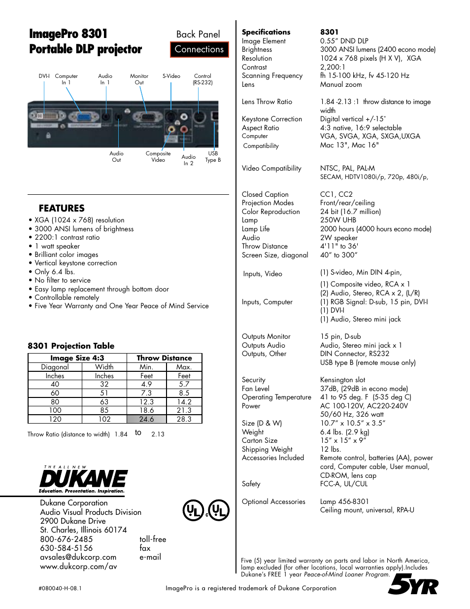 Imagepro 8301 portable dlp projector, Connections back panel, Features | Dukane ImagePro 8301 User Manual | Page 2 / 2