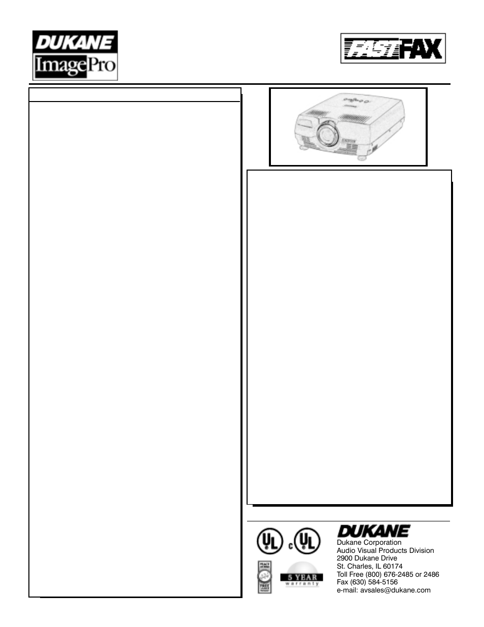 Specifications, Audio visual products | Dukane ImagePro 8043 User Manual | Page 2 / 2