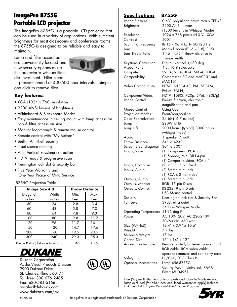 Imagepro 8755g portable lcd projector | Dukane ImagePro 8755G User Manual | Page 2 / 2