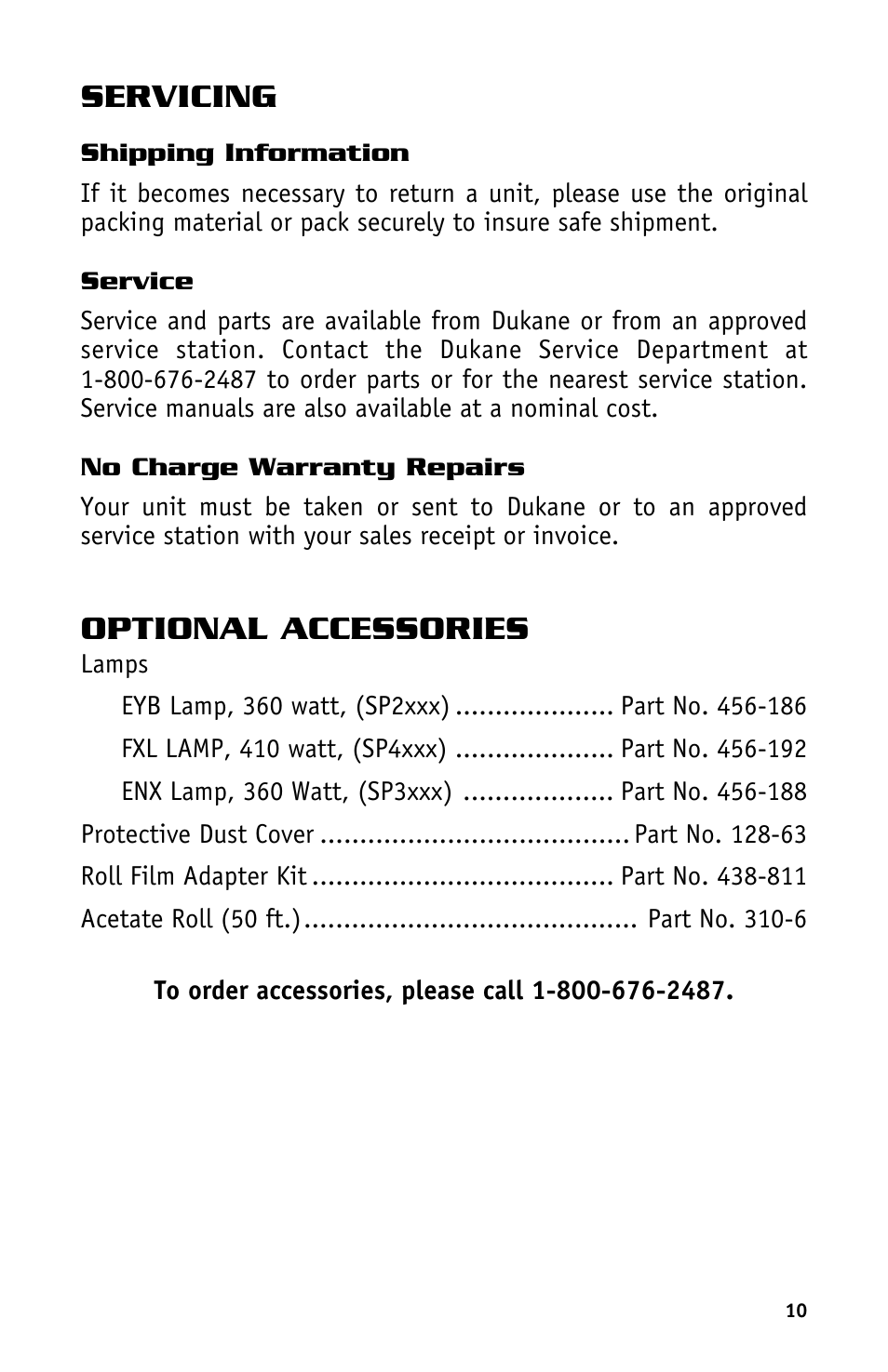 Servicing, Optional accessories | Dukane Projectors User Manual | Page 12 / 15