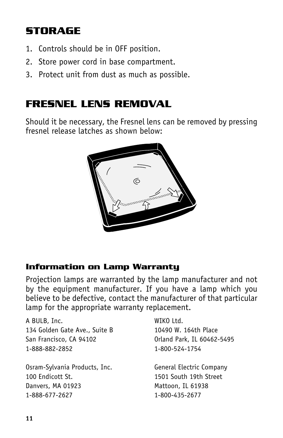 Storage, Fresnel lens removal | Dukane Projectors User Manual | Page 13 / 15