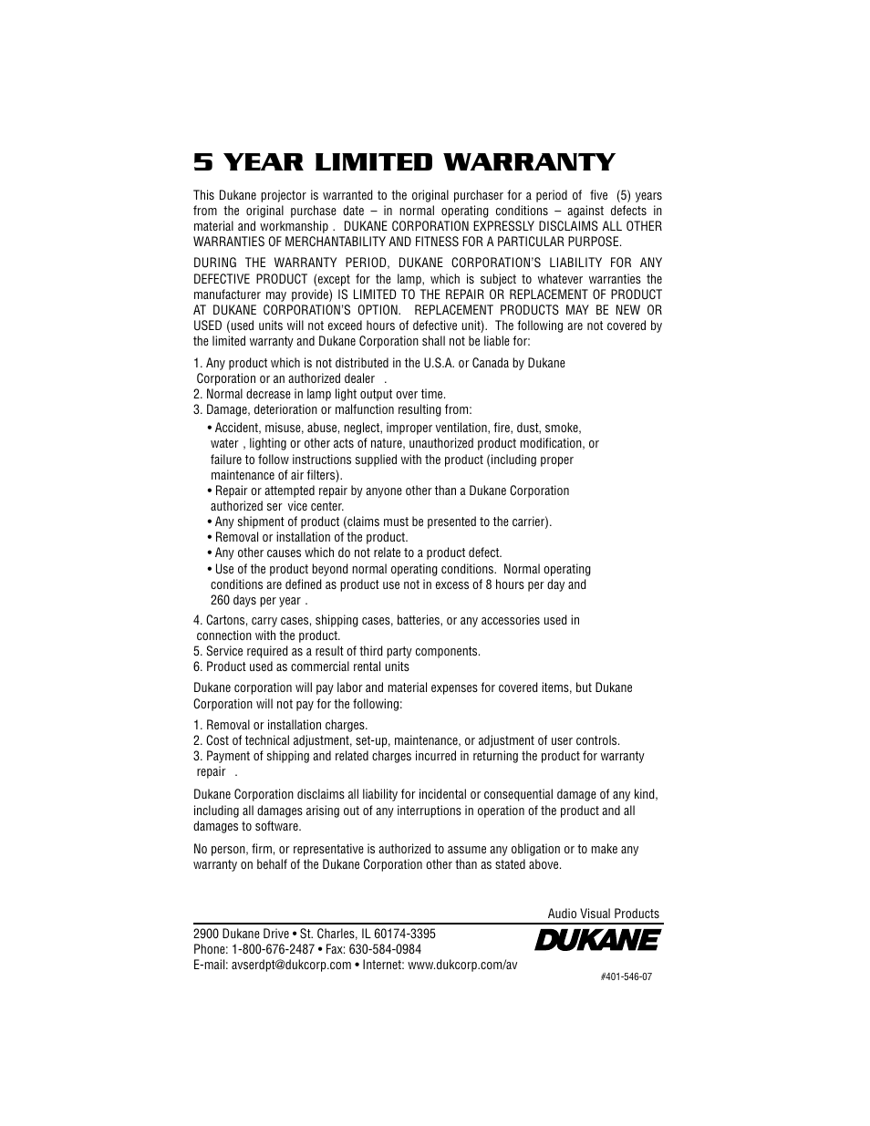 5 year limited warranty | Dukane Projectors User Manual | Page 15 / 15