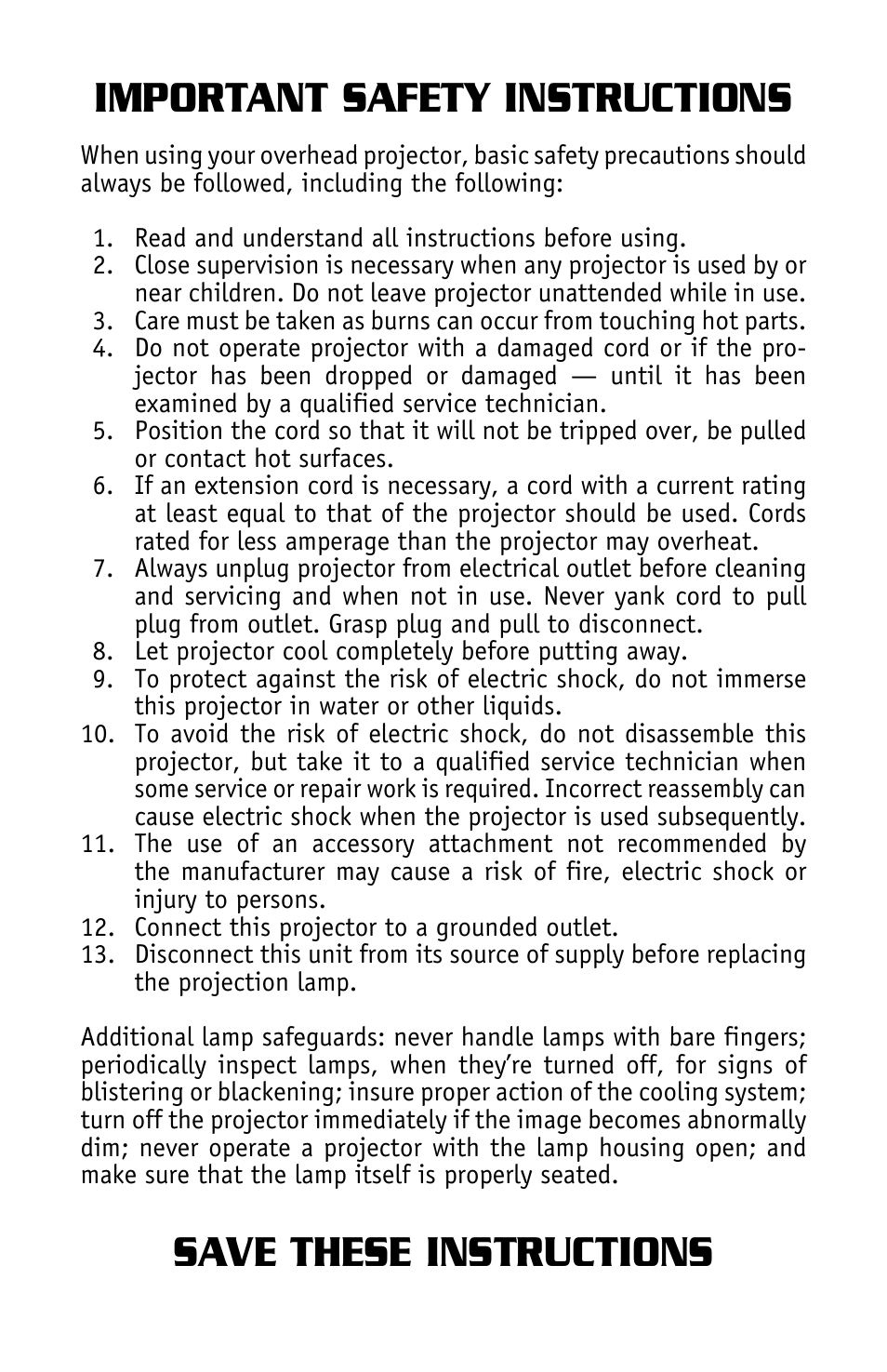 Important safety instructions, Save these instructions | Dukane Projectors User Manual | Page 2 / 15