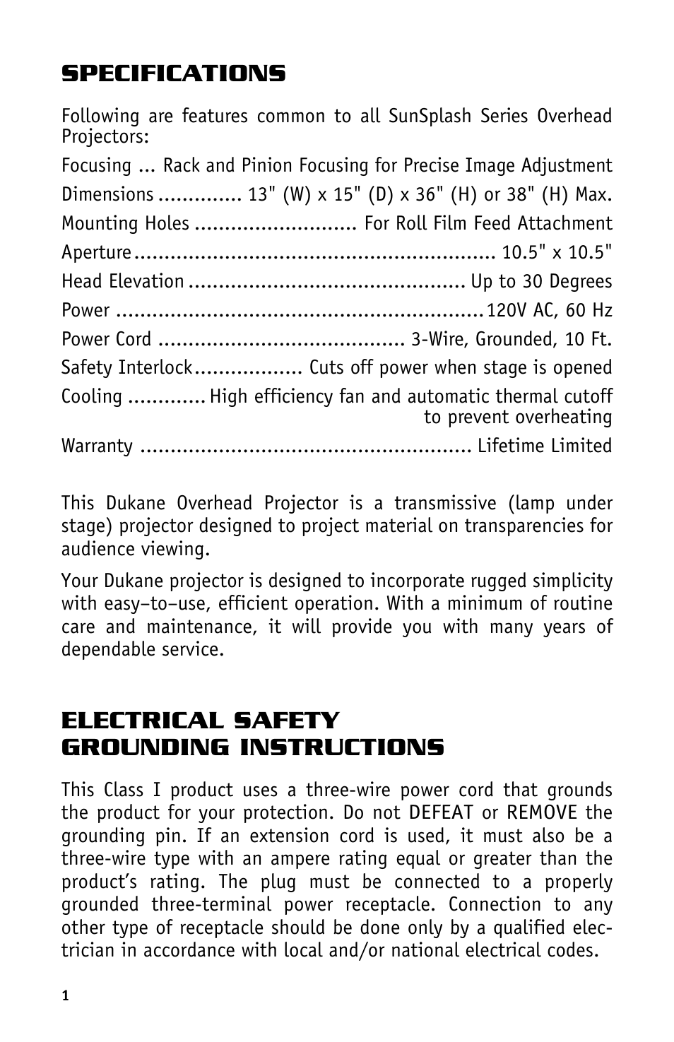 Specifications, Electrical safety grounding instructions | Dukane Projectors User Manual | Page 4 / 15