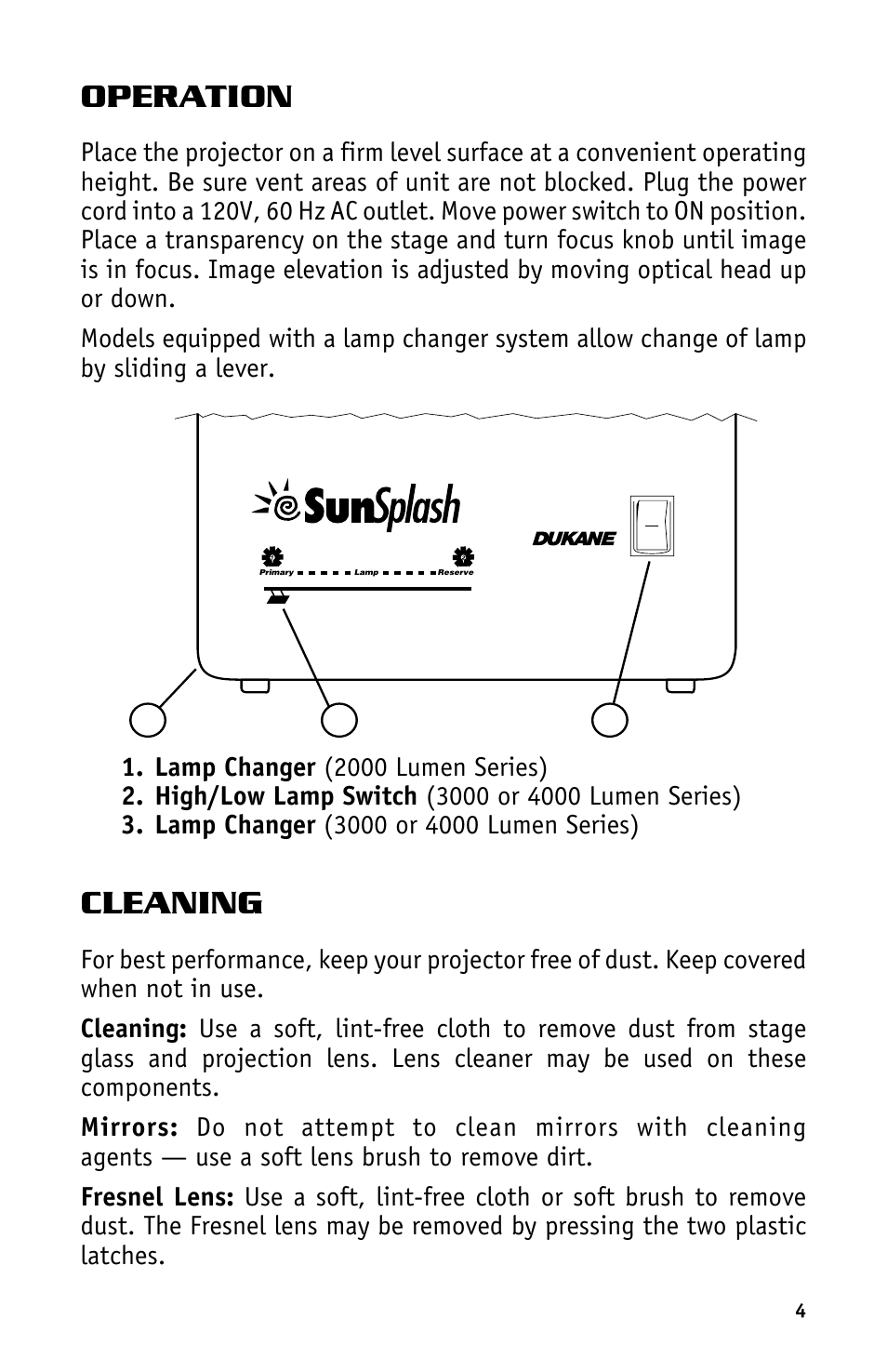 Operation, Cleaning | Dukane Projectors User Manual | Page 7 / 15