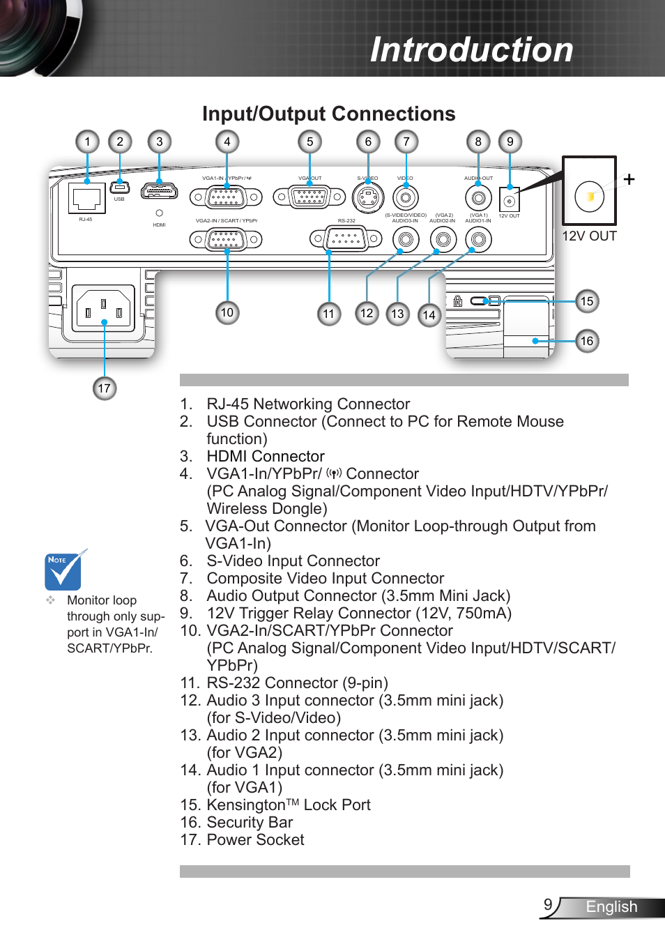 Input/output connections, Introduction, 9english | Lock port 16. security bar 17. power socket, 12v out | Dukane DLP Data Video Projector 8406A User Manual | Page 10 / 69