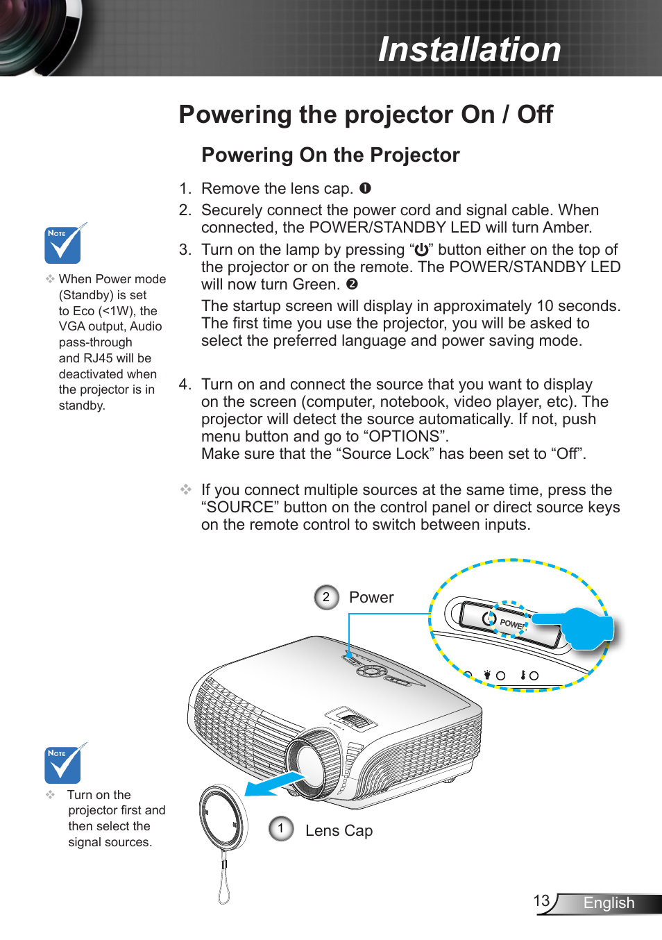 Powering the projector on / off, Powering on the projector, Installation | Dukane DLP Data Video Projector 8406A User Manual | Page 14 / 69