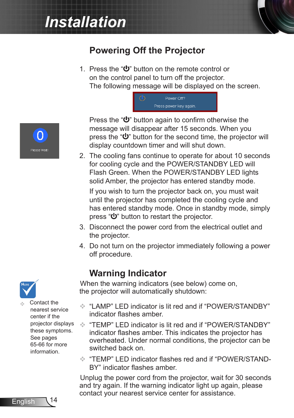 Powering off the projector, Warning indicator, Powering off the projector warning indicator | Installation | Dukane DLP Data Video Projector 8406A User Manual | Page 15 / 69