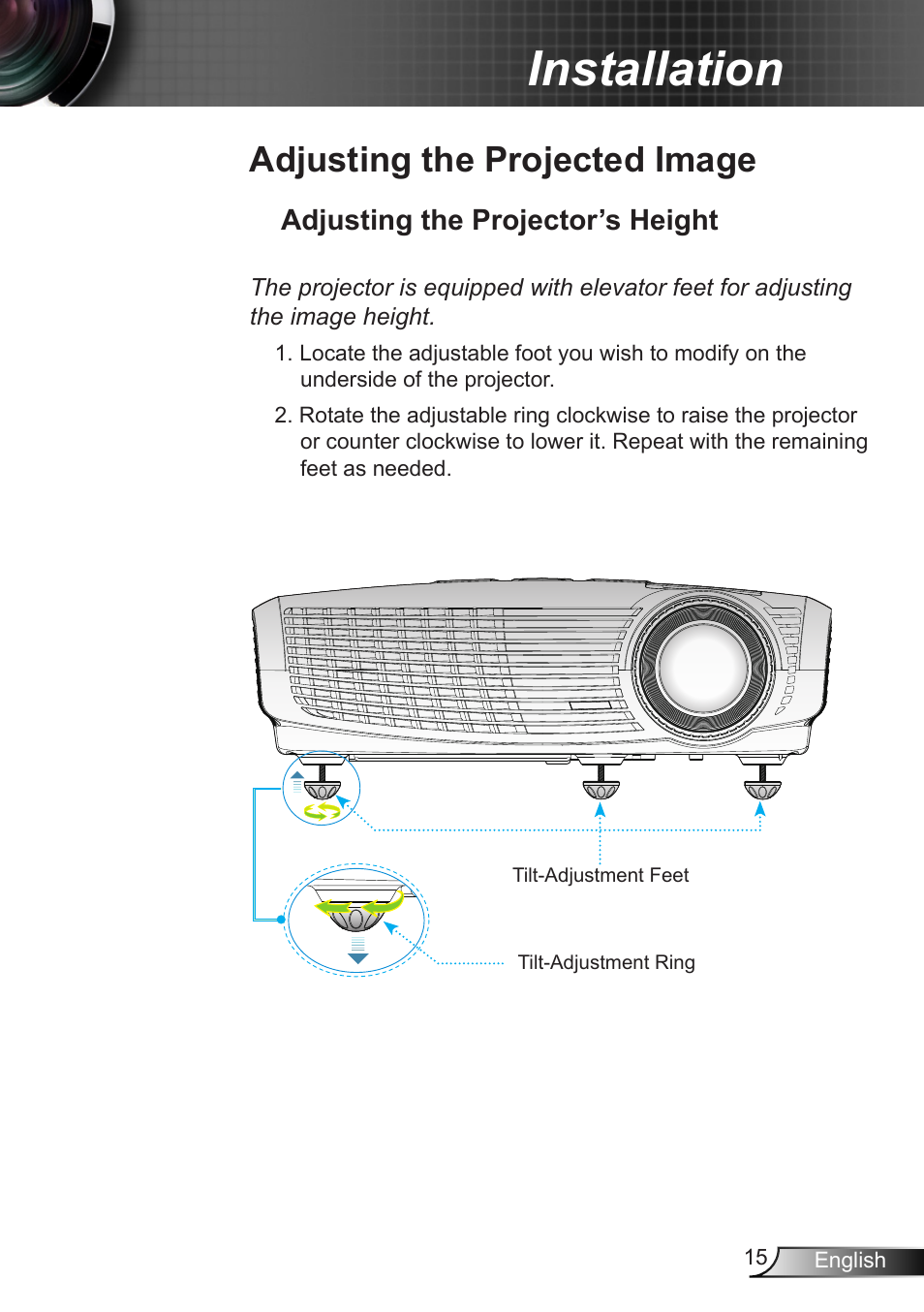 Adjusting the projected image, Adjusting the projector’s height, Installation | Dukane DLP Data Video Projector 8406A User Manual | Page 16 / 69