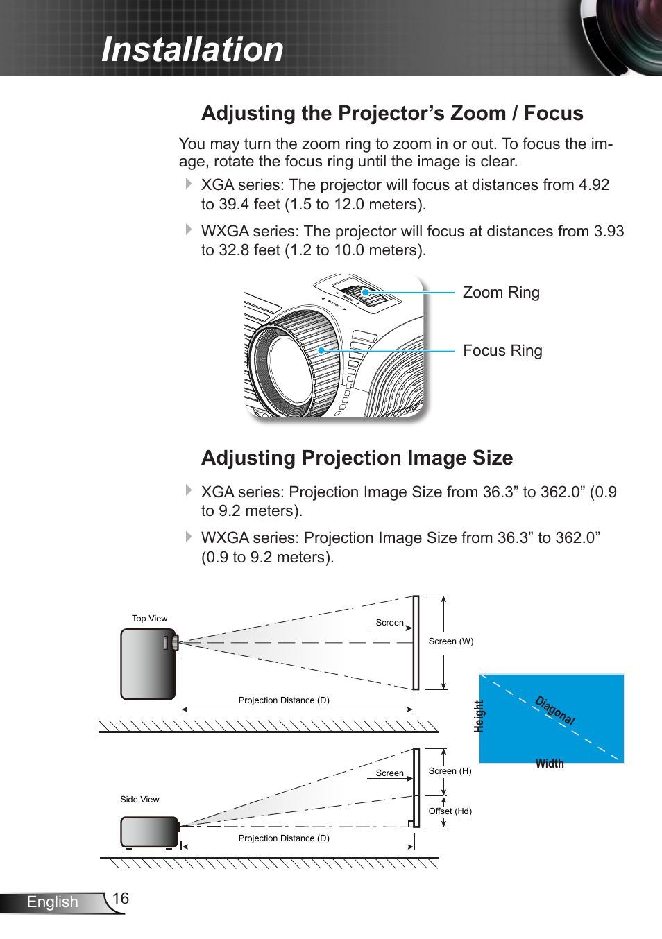 Adjusting the projector’s zoom / focus, Adjusting projection image size, Adjusting the projector’s zoom | Focus adjusting projection image size, Installation | Dukane DLP Data Video Projector 8406A User Manual | Page 17 / 69