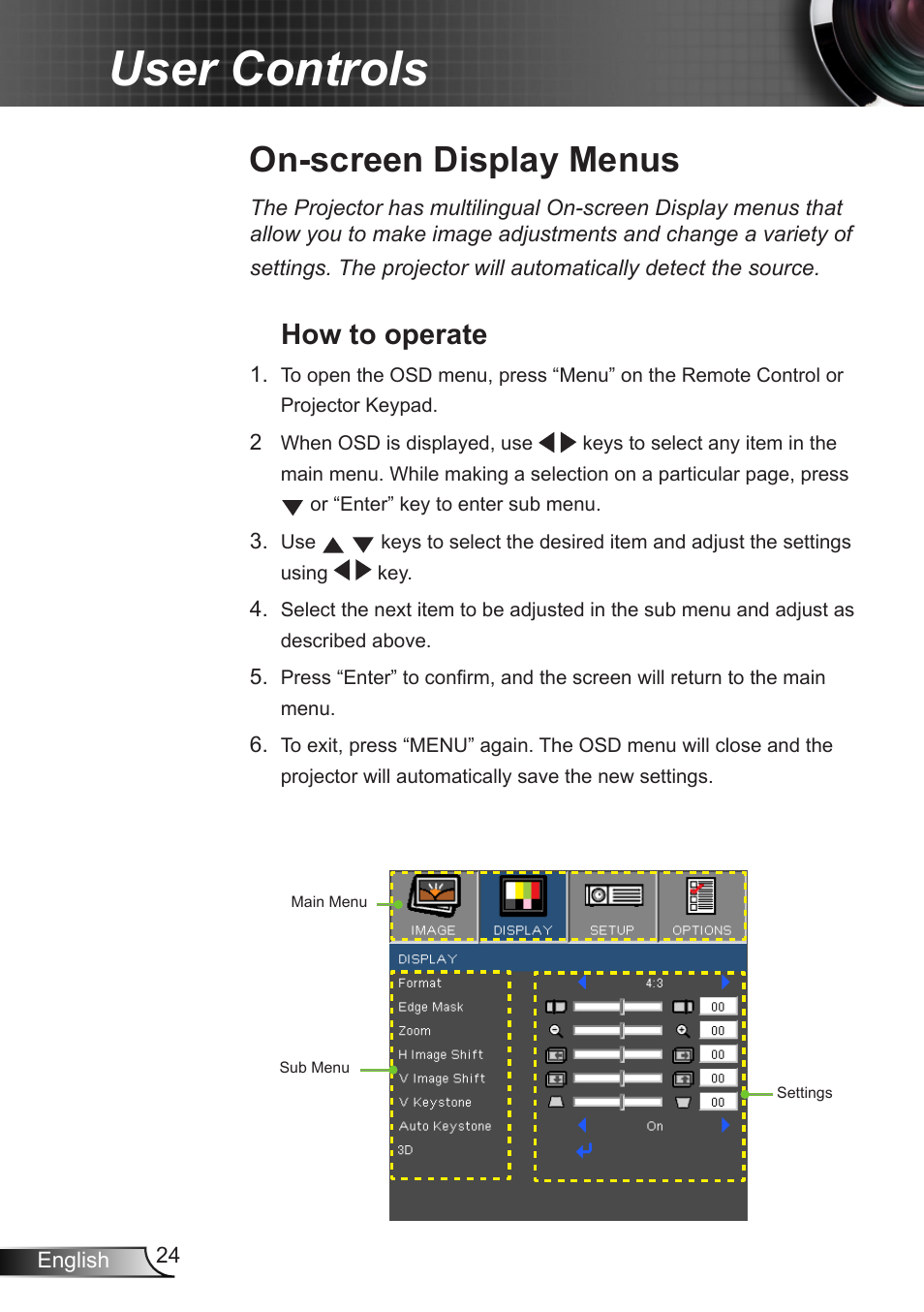 On-screen display menus, How to operate, User controls | Dukane DLP Data Video Projector 8406A User Manual | Page 25 / 69