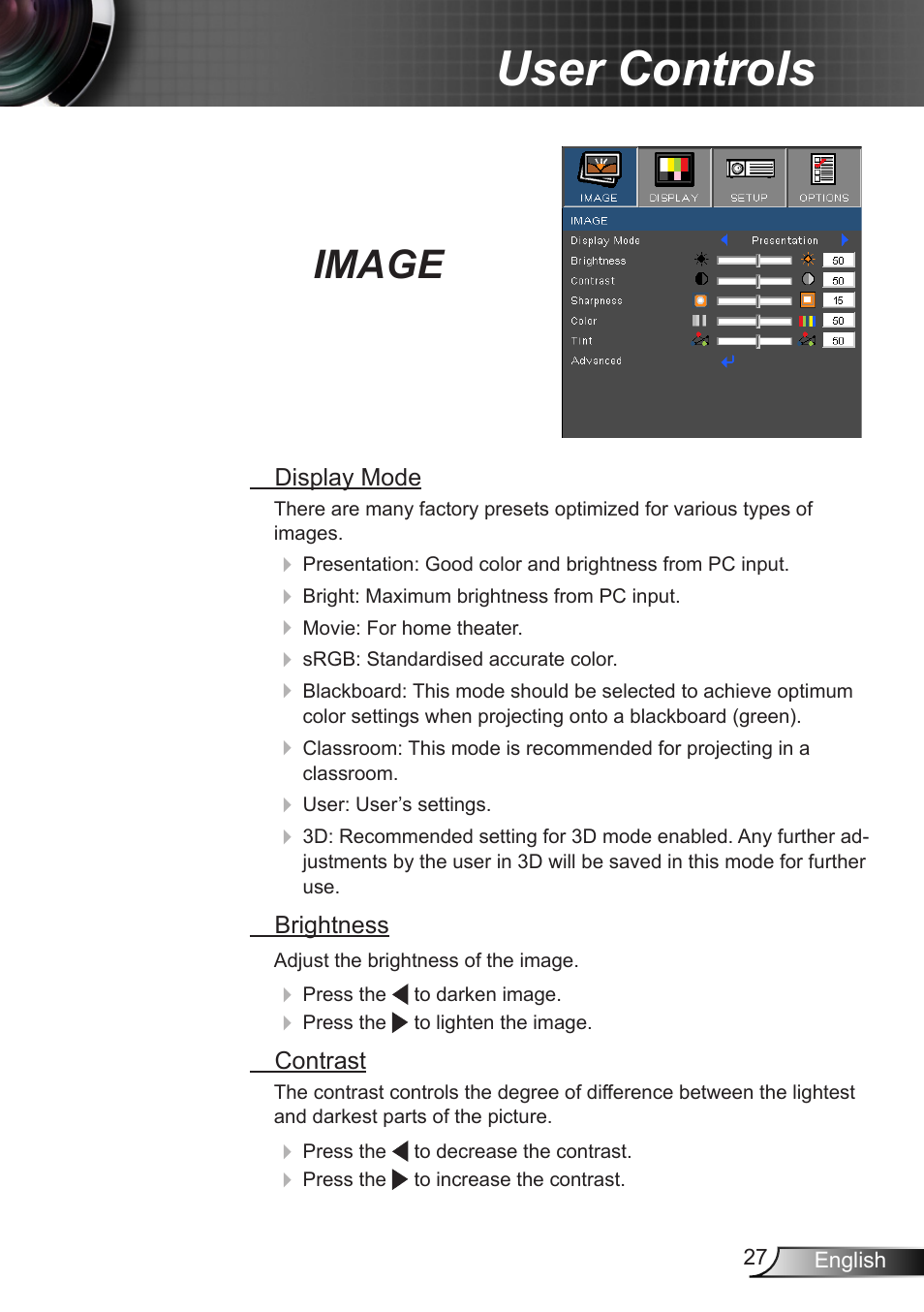 Image, User controls | Dukane DLP Data Video Projector 8406A User Manual | Page 28 / 69