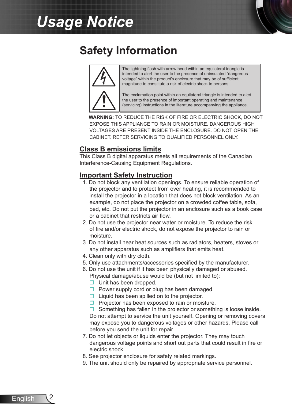 Usage notice, Safety information, 2english | Class b emissions limits, Important safety instruction | Dukane DLP Data Video Projector 8406A User Manual | Page 3 / 69