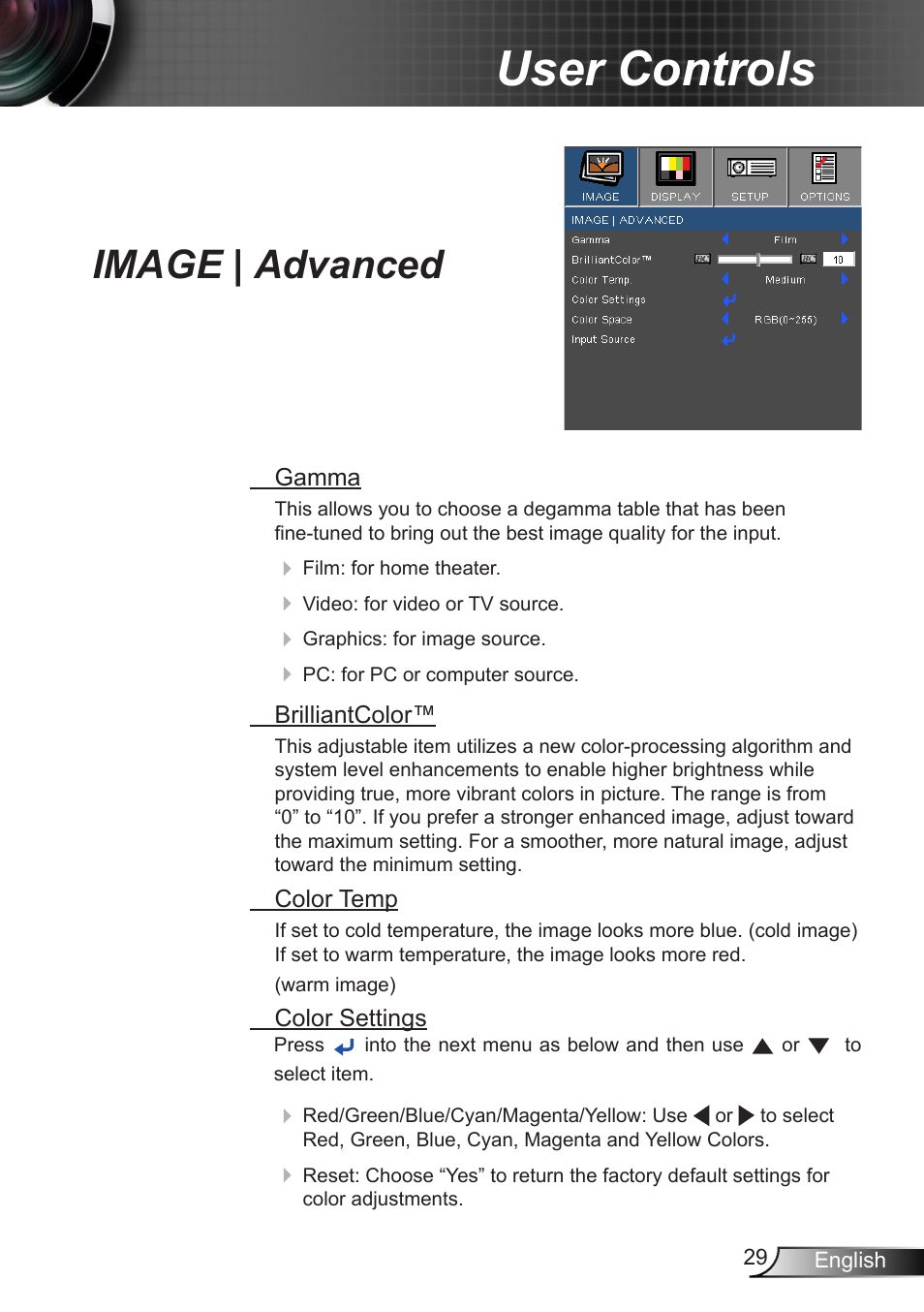 Image | advanced, User controls | Dukane DLP Data Video Projector 8406A User Manual | Page 30 / 69