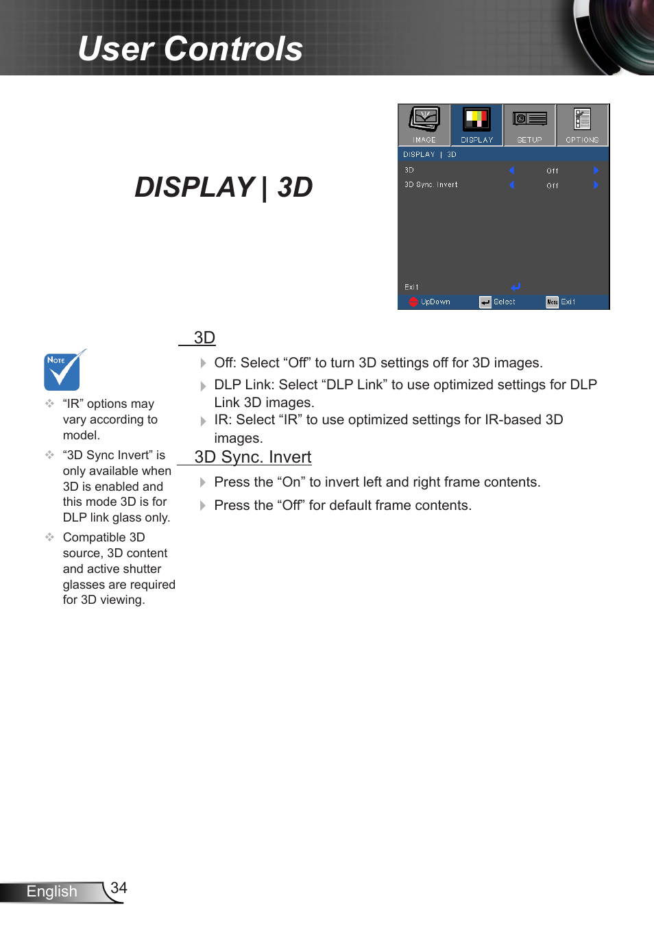 Display | 3d, User controls | Dukane DLP Data Video Projector 8406A User Manual | Page 35 / 69