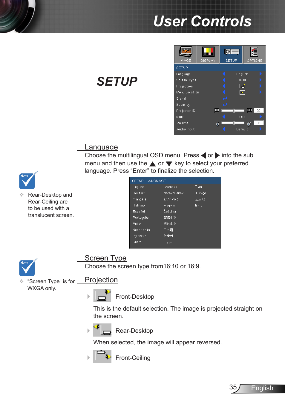 Setup, User controls | Dukane DLP Data Video Projector 8406A User Manual | Page 36 / 69