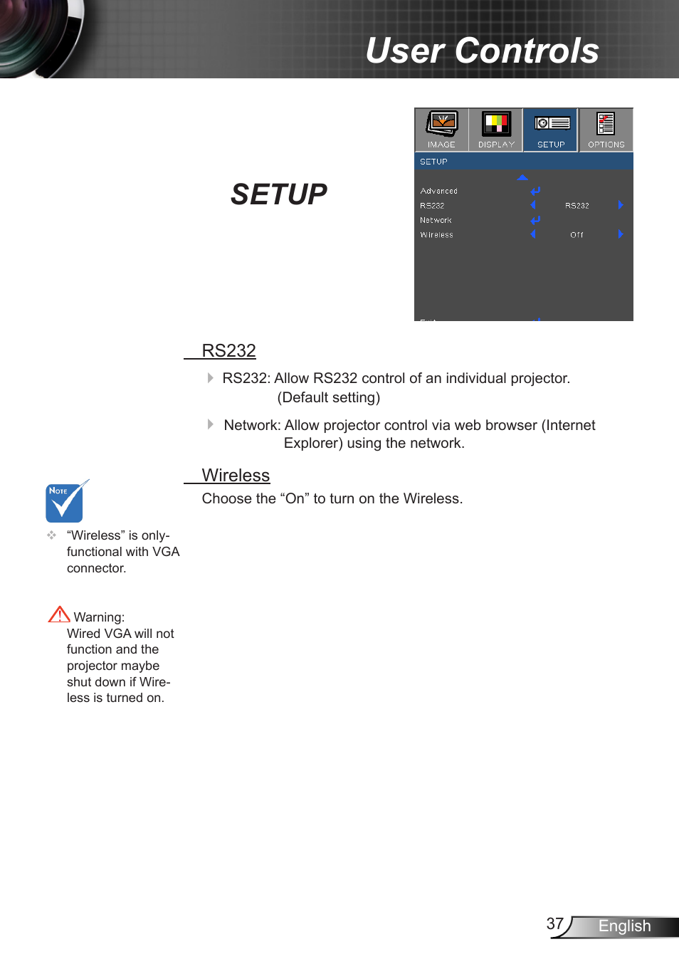 User controls, Setup | Dukane DLP Data Video Projector 8406A User Manual | Page 38 / 69