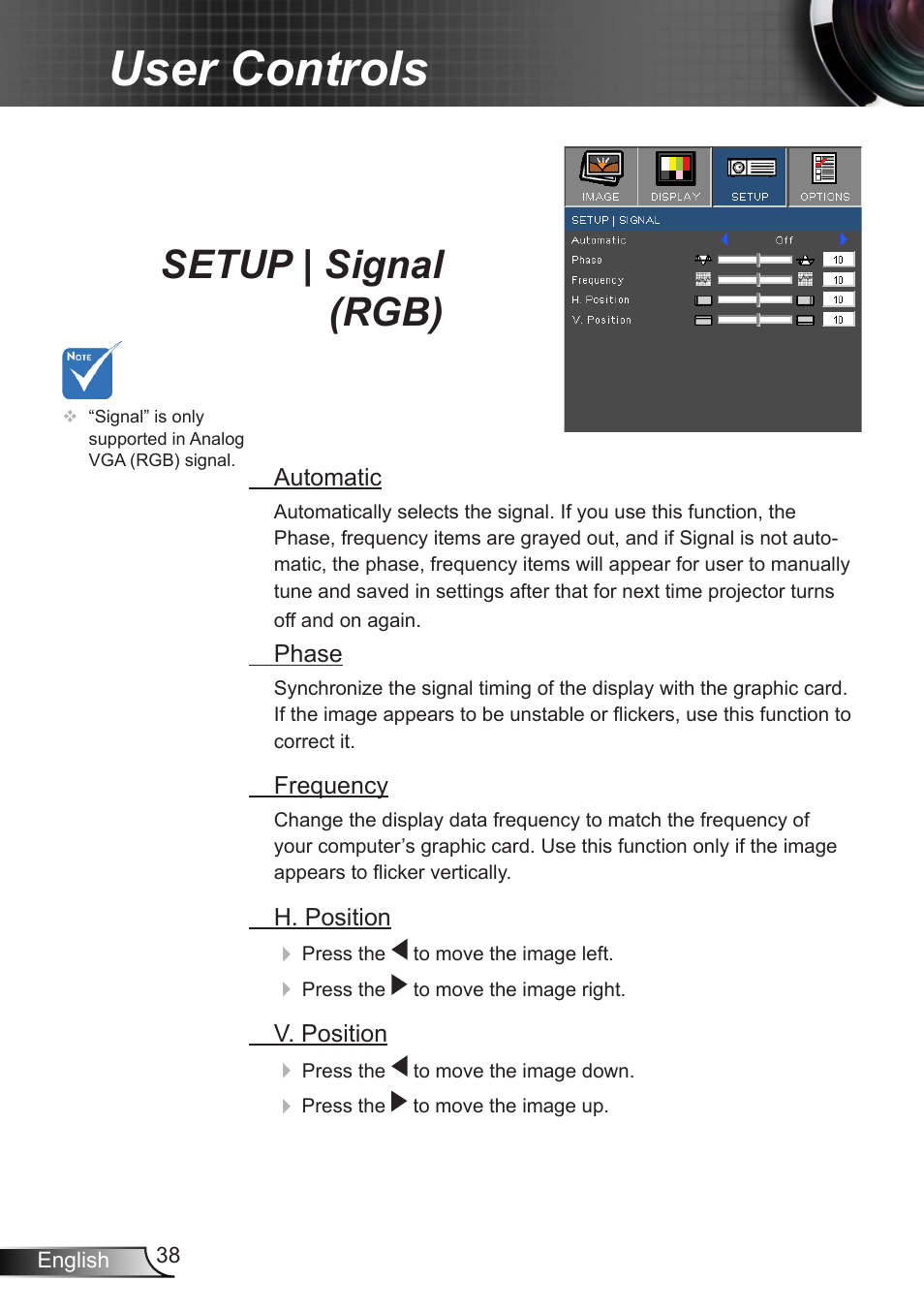 Setup | signal (rgb), User controls | Dukane DLP Data Video Projector 8406A User Manual | Page 39 / 69