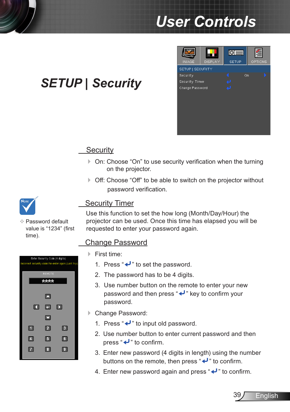 Setup | security, User controls | Dukane DLP Data Video Projector 8406A User Manual | Page 40 / 69