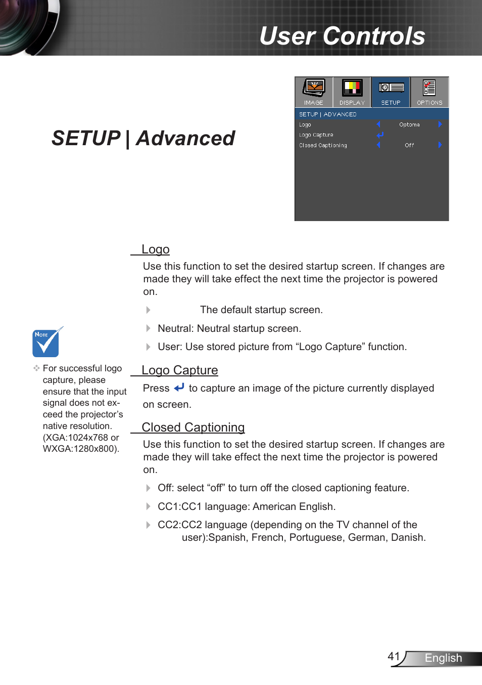 Setup | advanced, User controls | Dukane DLP Data Video Projector 8406A User Manual | Page 42 / 69