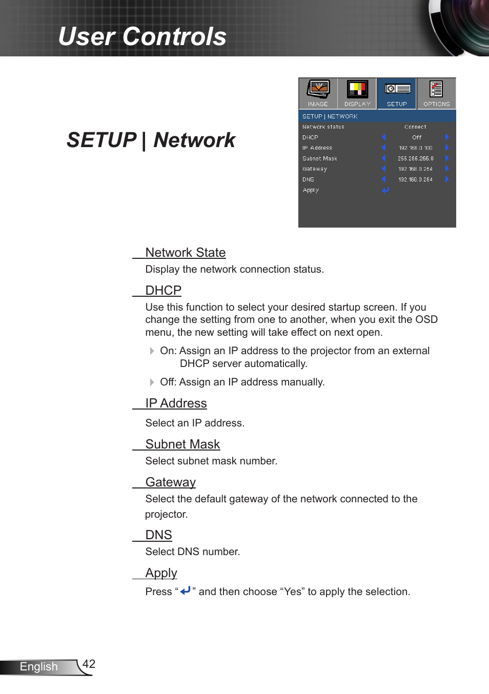 Setup | network, User controls | Dukane DLP Data Video Projector 8406A User Manual | Page 43 / 69