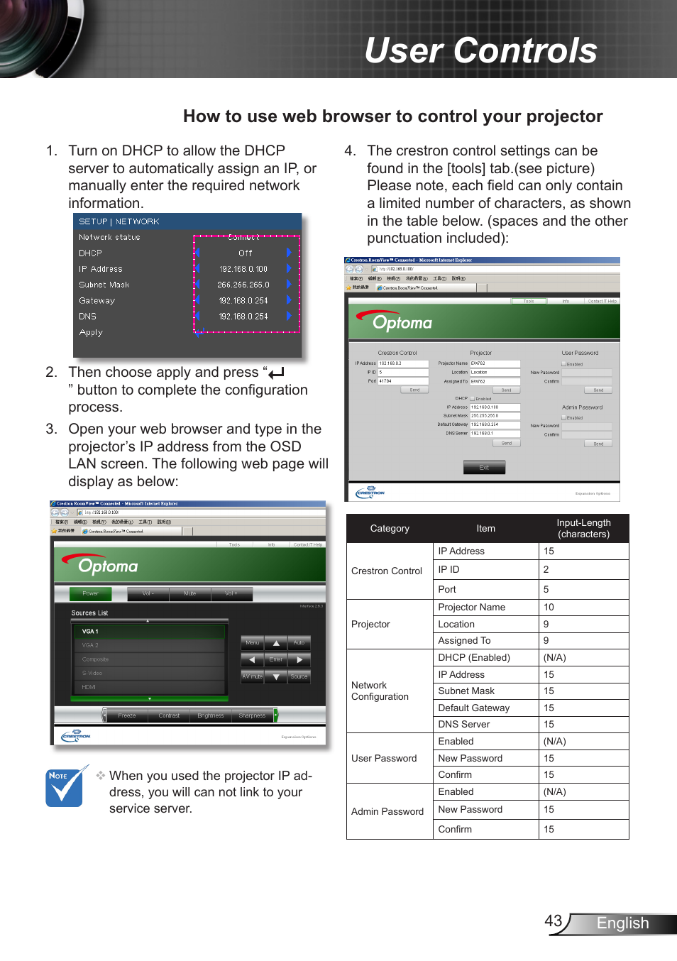 User controls, How to use web browser to control your projector, 43 english | Dukane DLP Data Video Projector 8406A User Manual | Page 44 / 69