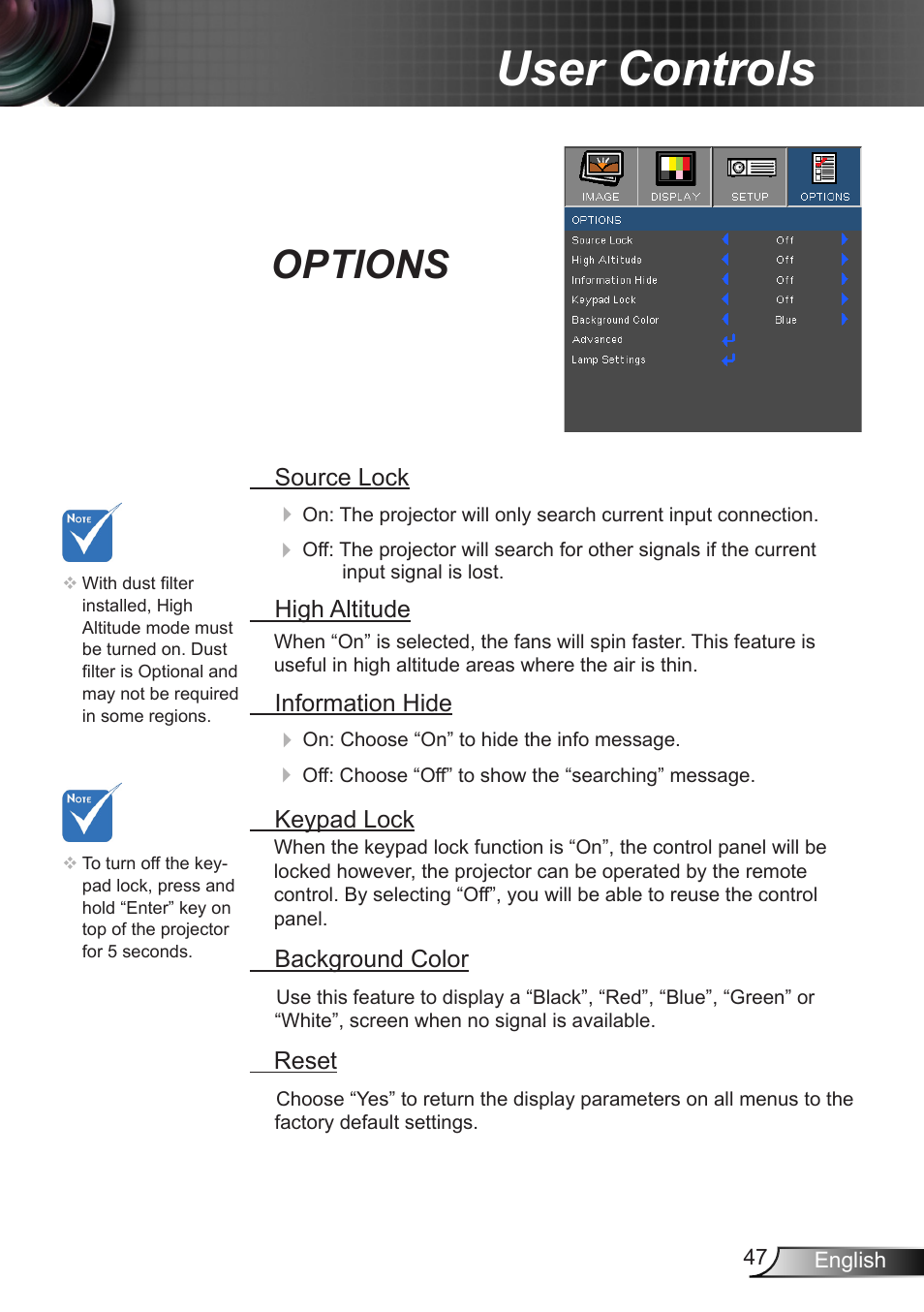 Options, User controls | Dukane DLP Data Video Projector 8406A User Manual | Page 48 / 69