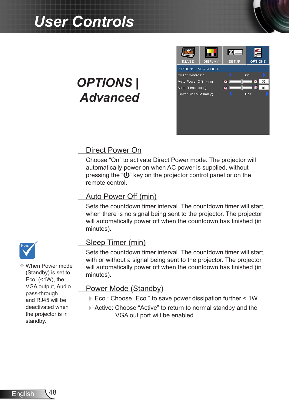 Options | advanced, User controls | Dukane DLP Data Video Projector 8406A User Manual | Page 49 / 69