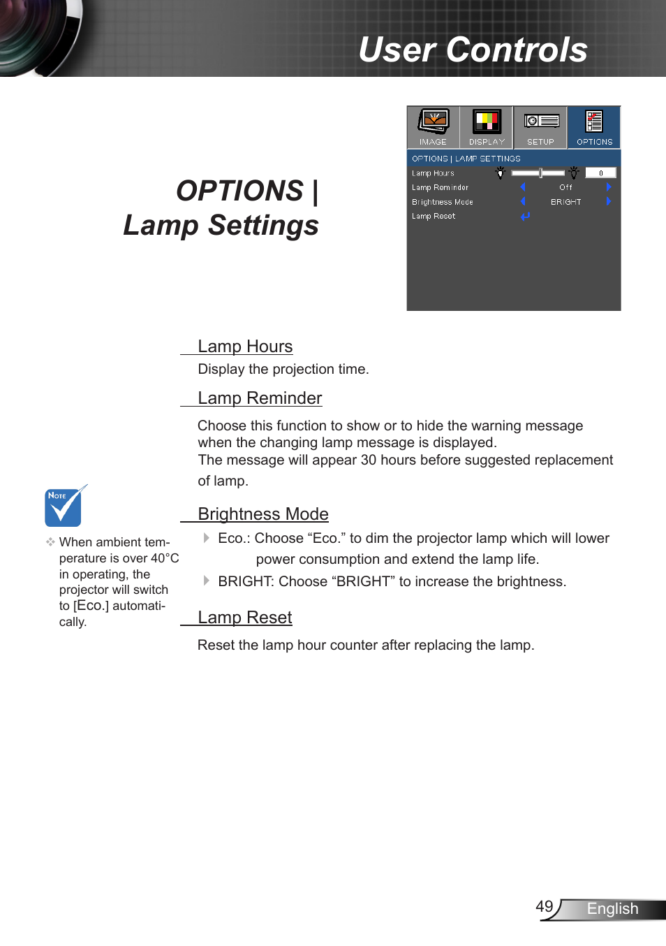 Options | lamp settings, User controls | Dukane DLP Data Video Projector 8406A User Manual | Page 50 / 69