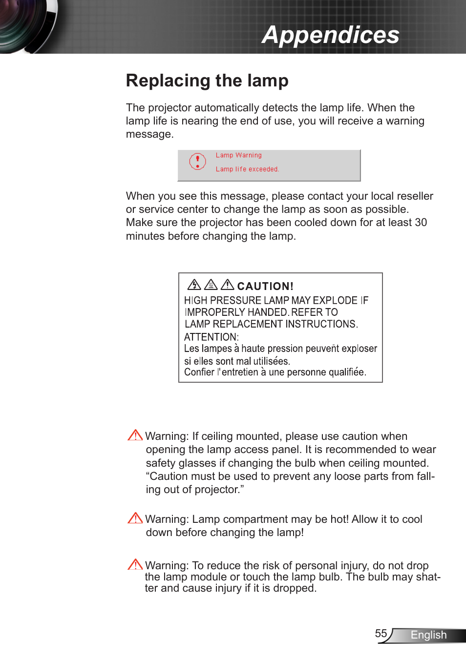 Replacing the lamp, Appendices | Dukane DLP Data Video Projector 8406A User Manual | Page 56 / 69