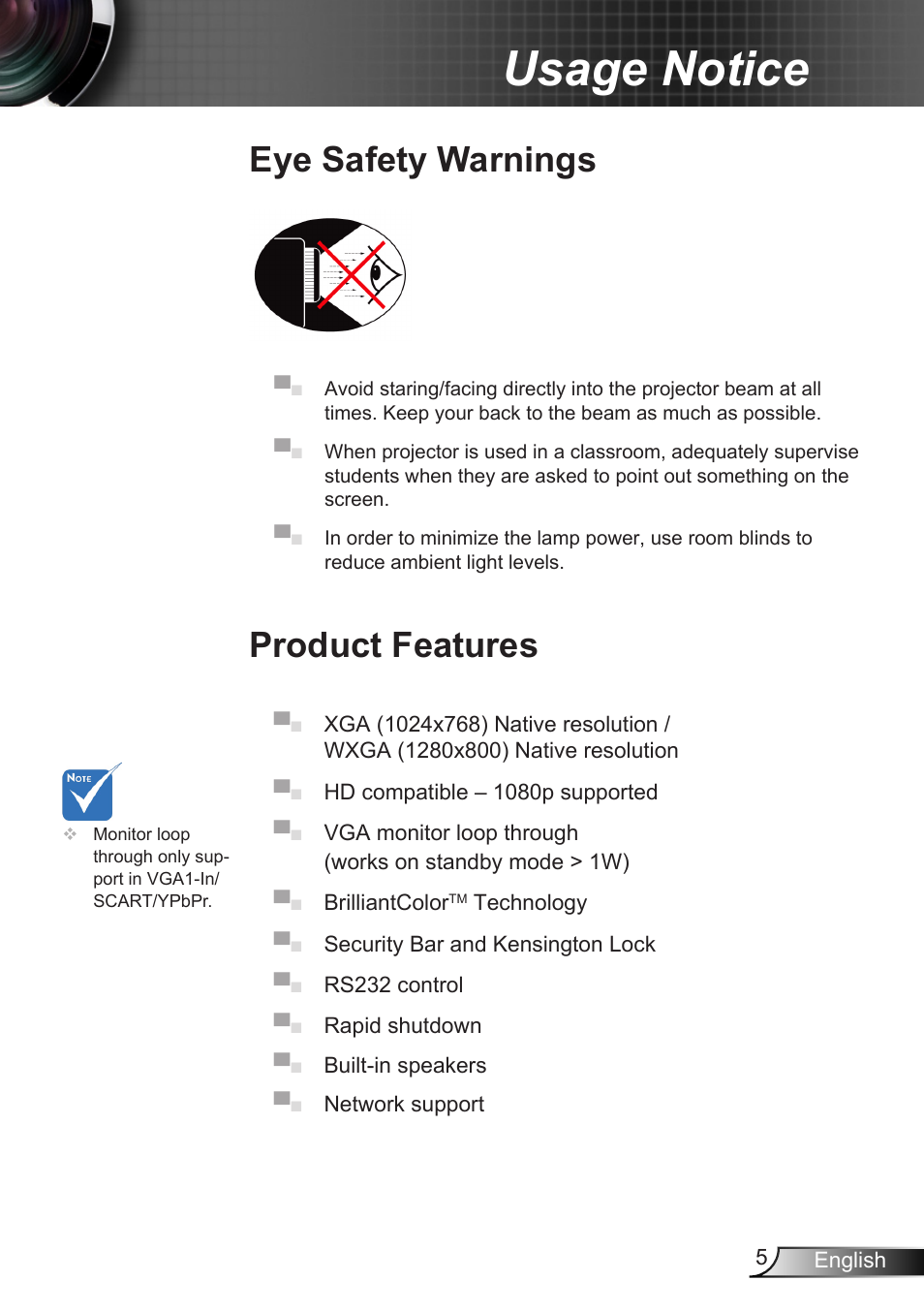 Eye safety warnings, Product features, Eye safety warnings product features | Usage notice | Dukane DLP Data Video Projector 8406A User Manual | Page 6 / 69