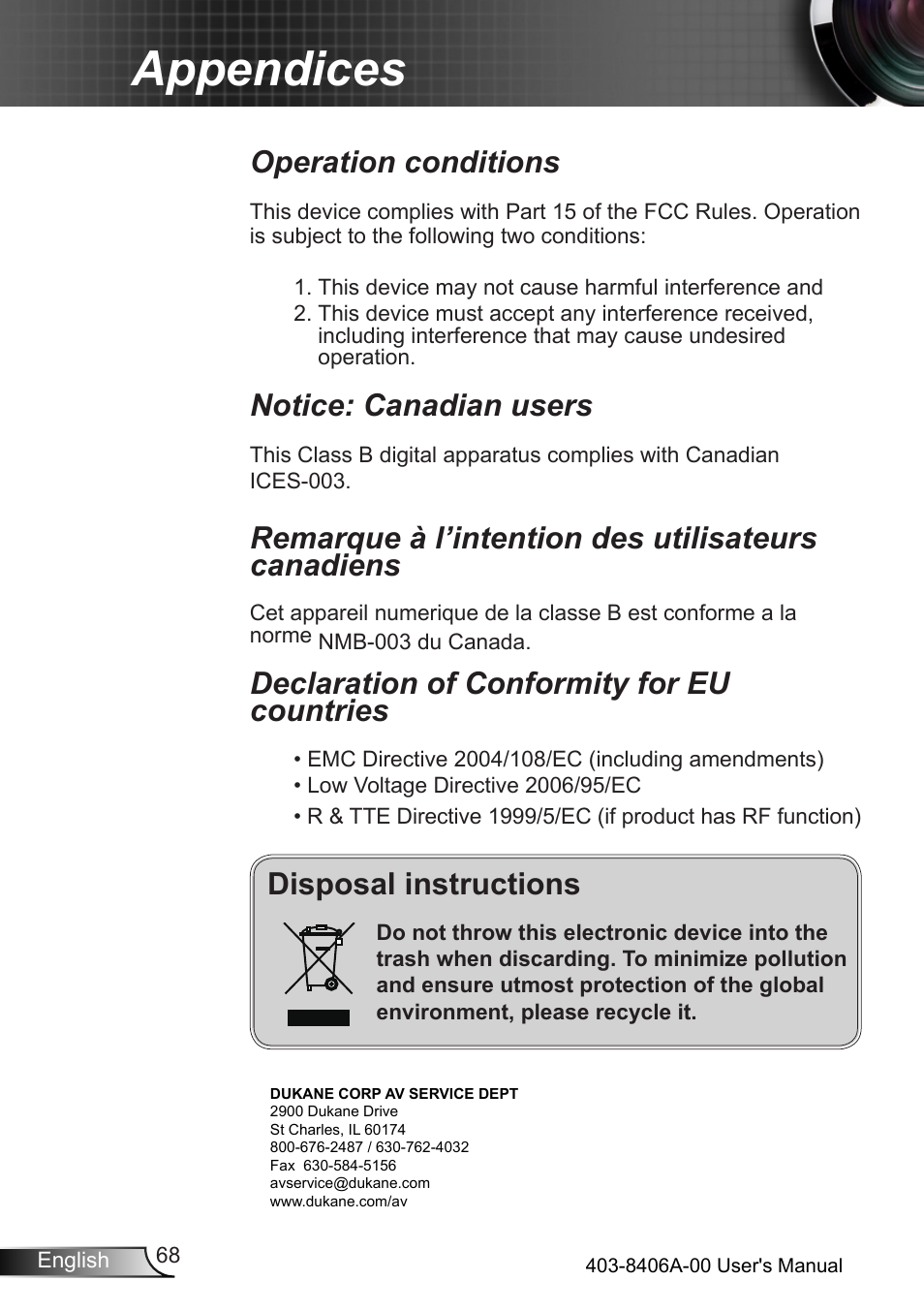 Appendices, Disposal instructions, Operation conditions | Notice: canadian users, Remarque à l’intention des utilisateurs canadiens, Declaration of conformity for eu countries | Dukane DLP Data Video Projector 8406A User Manual | Page 69 / 69