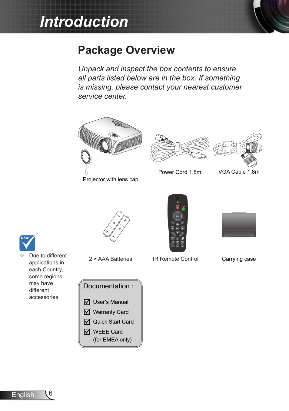 Introduction, Package overview | Dukane DLP Data Video Projector 8406A User Manual | Page 7 / 69