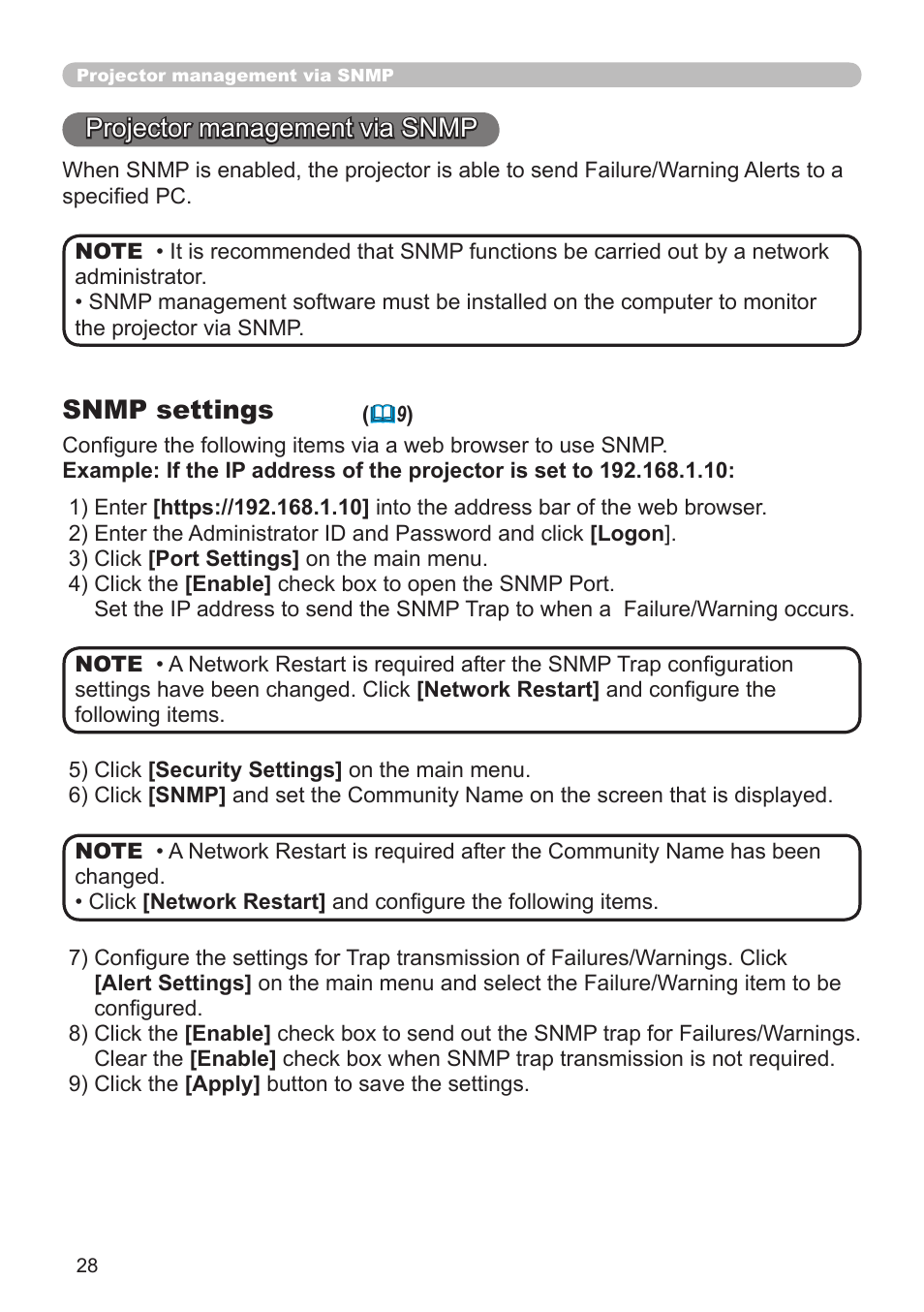 Projector management via snmp, Snmp settings | Dukane 8943 User Manual | Page 117 / 137