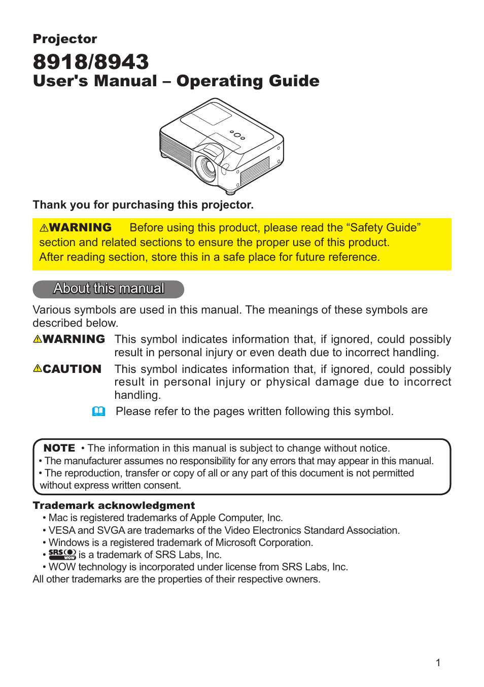 Operating guide, User's manual – operating guide, About this manual | Dukane 8943 User Manual | Page 2 / 137