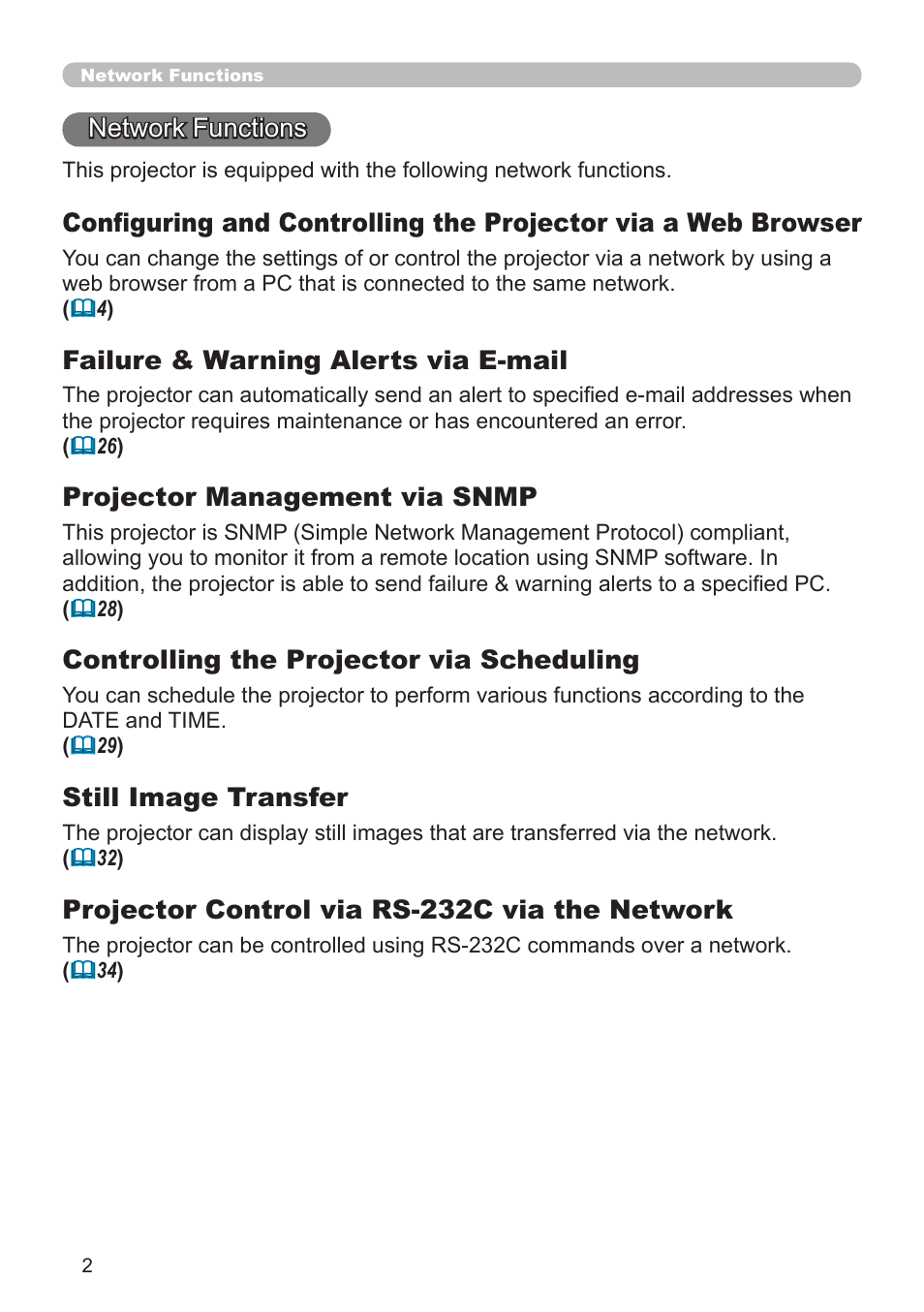 Failure & warning alerts via e-mail, Projector management via snmp, Controlling the projector via scheduling | Still image transfer, Projector control via rs-232c via the network | Dukane 8943 User Manual | Page 91 / 137