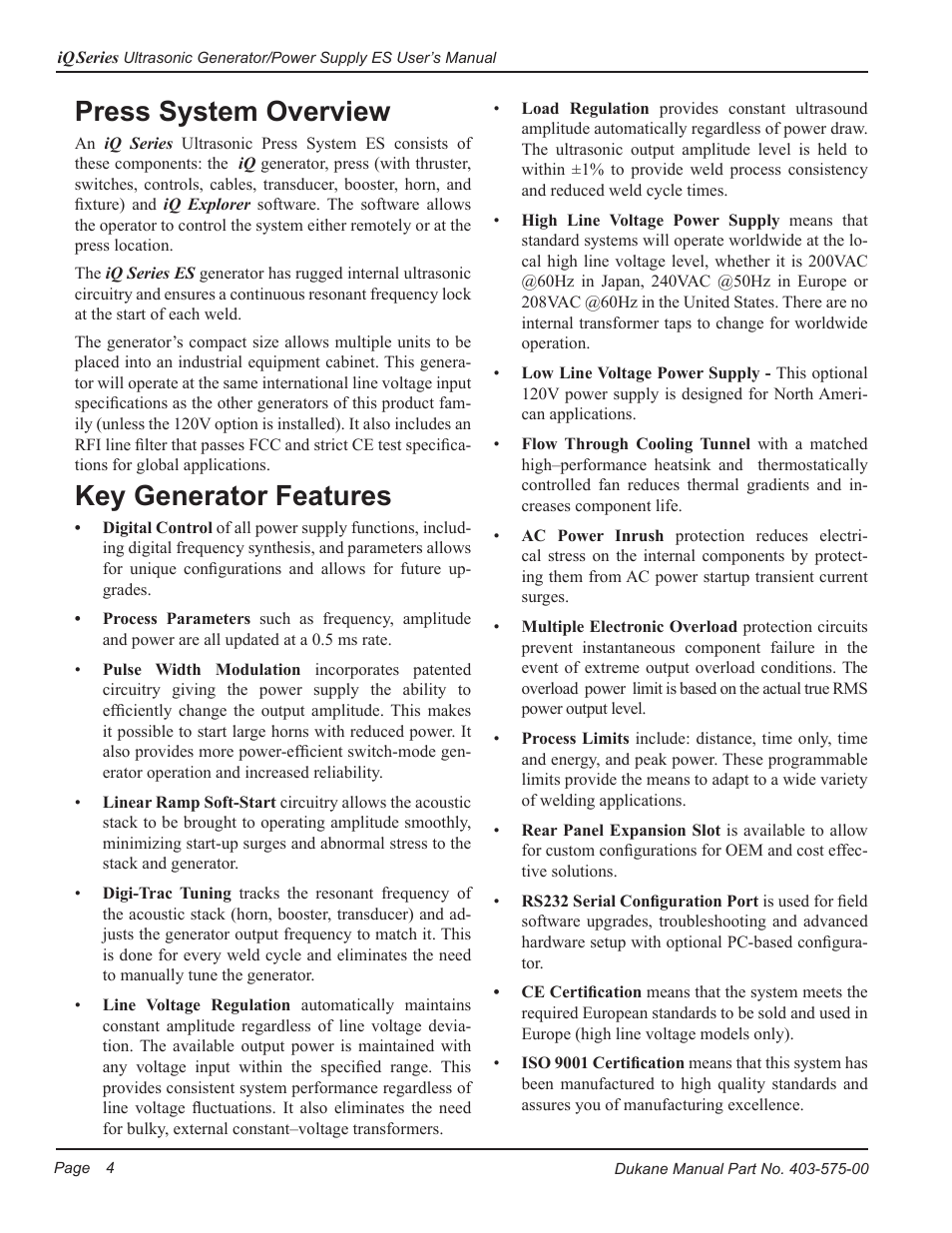 Press system overview, Key generator features | Dukane Ultrasonic Generator 403-575-00 User Manual | Page 10 / 136