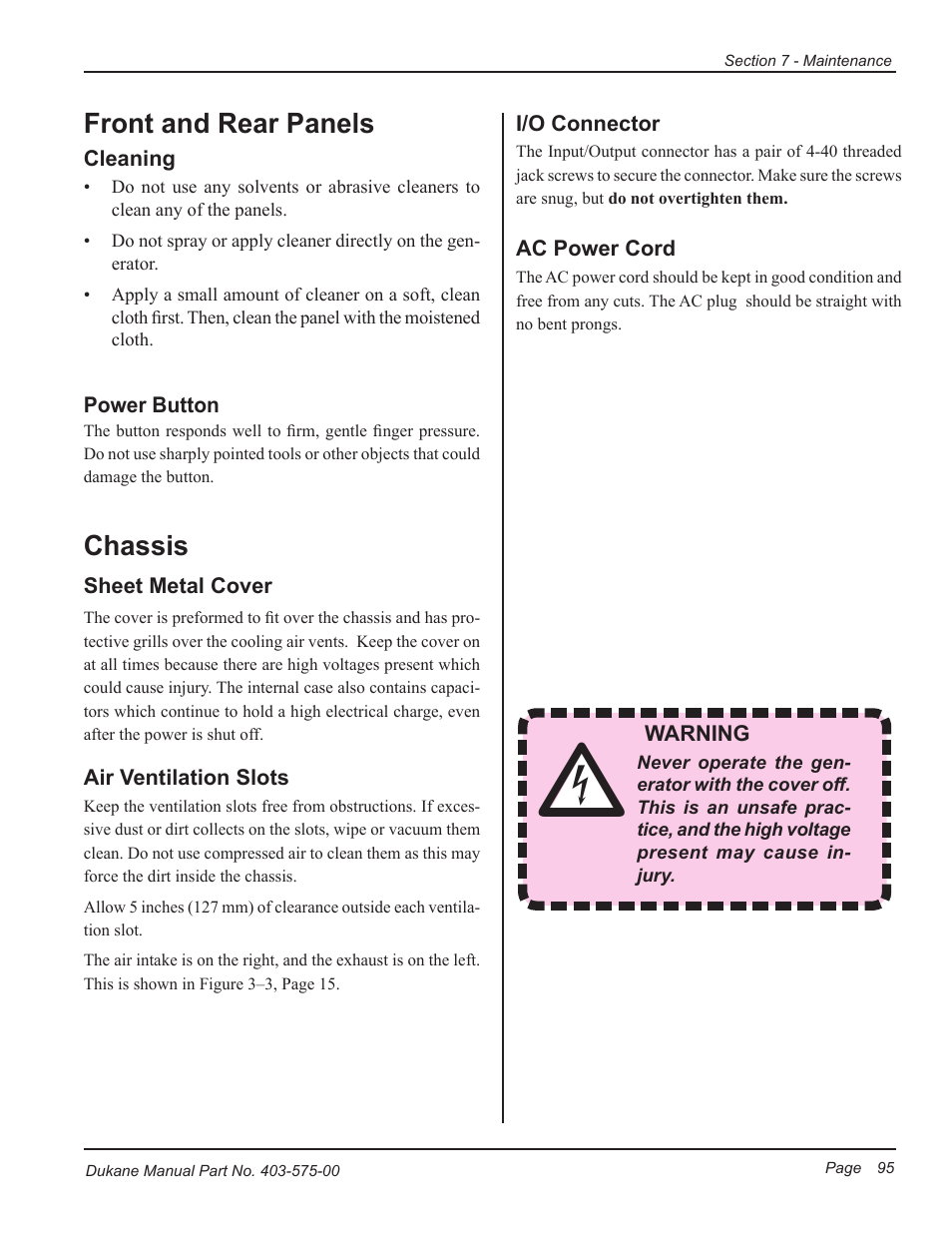 Front and rear panels, Chassis | Dukane Ultrasonic Generator 403-575-00 User Manual | Page 101 / 136