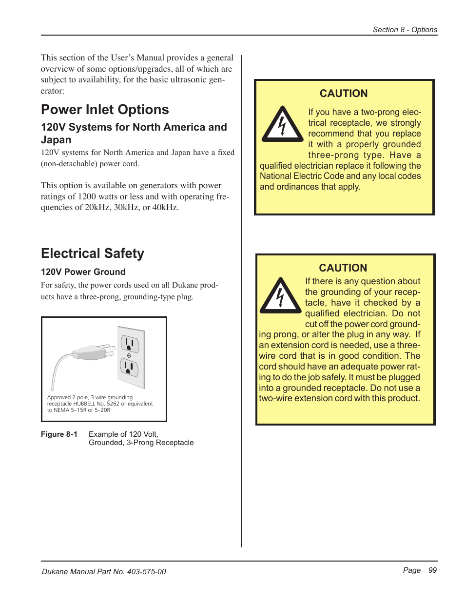 Power inlet options, Electrical safety | Dukane Ultrasonic Generator 403-575-00 User Manual | Page 105 / 136