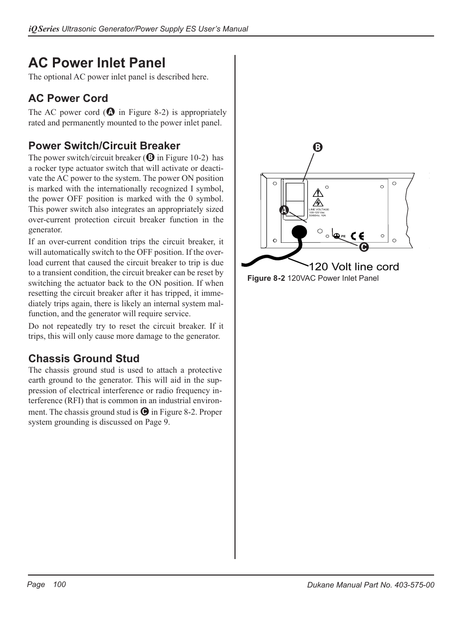 Ac power inlet panel, Ac power cord, Power switch/circuit breaker | Chassis ground stud, 120 volt line cord a b c | Dukane Ultrasonic Generator 403-575-00 User Manual | Page 106 / 136