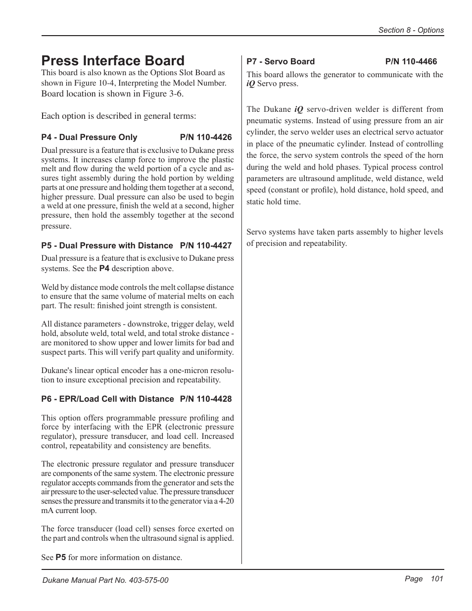 Press interface board | Dukane Ultrasonic Generator 403-575-00 User Manual | Page 107 / 136