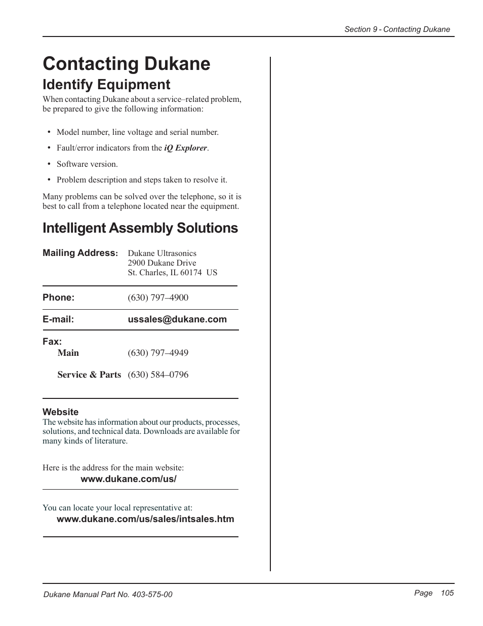 Contacting dukane, Identify equipment, Intelligent assembly solutions | Dukane Ultrasonic Generator 403-575-00 User Manual | Page 111 / 136