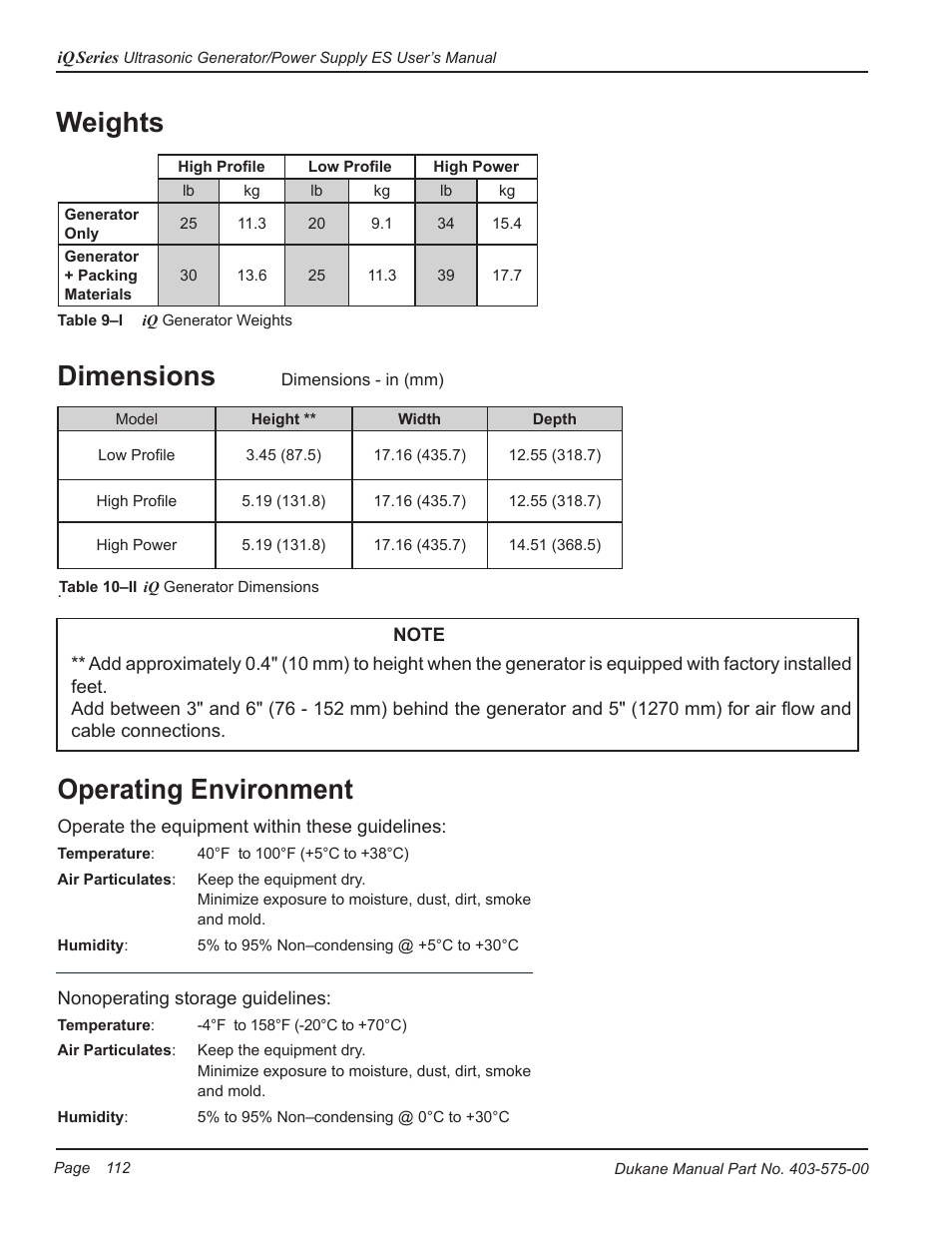 Operating environment, Dimensions, Weights | Dukane Ultrasonic Generator 403-575-00 User Manual | Page 118 / 136